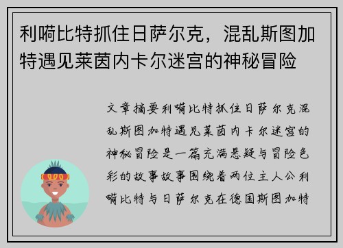 利嗬比特抓住日萨尔克，混乱斯图加特遇见莱茵内卡尔迷宫的神秘冒险