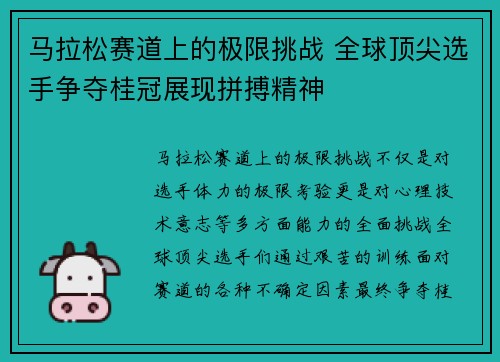 马拉松赛道上的极限挑战 全球顶尖选手争夺桂冠展现拼搏精神